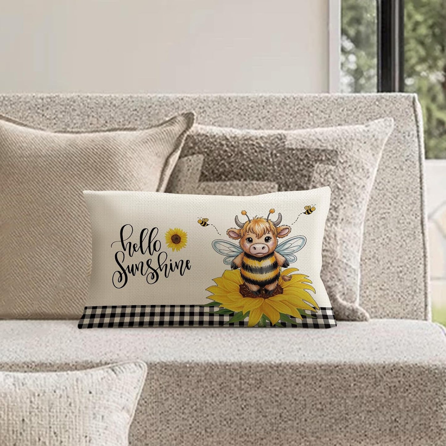 Sunflower Highland Cow Bee Lumbar Throw Pillow Cover 12x20 Inch Summer Cushion Case Decoration for Sofa Couch BST202