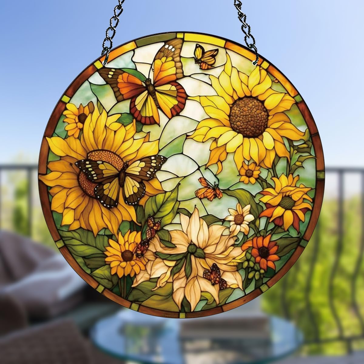 HOTIYOK Sunflower Stained Acrylic Window Hangings Panels Butterfly for Window Yellow Birthday Memorial Gift for Mom Flower Lover Home Garden Decoration BST220