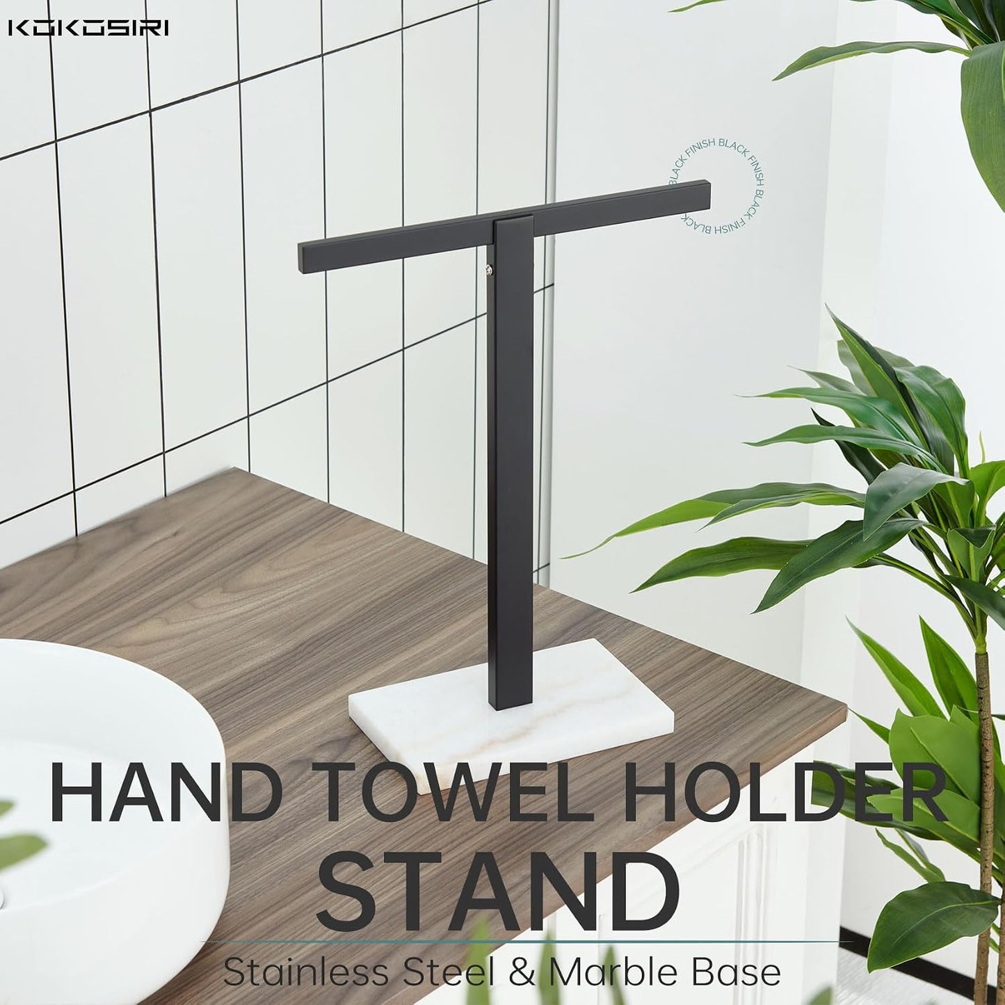 KOKOSIRI Hand Towel Holder Black Stand Towel Rack with Marble Base for Bathroom Kitchen Vanity Countertop, Stainless Steel 15.7'' Height THS0002-SM-BK BST202