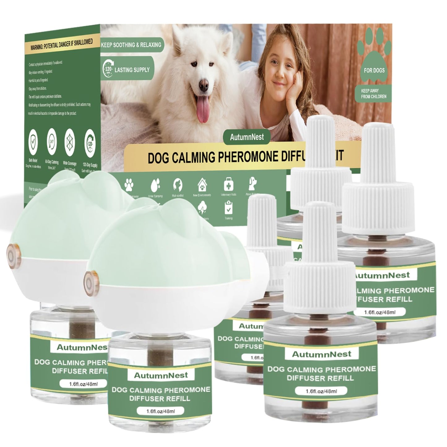 8-in-1 Dog Calming Pheromone Diffuser Kit – Pet Stress Support (2 Plug-Ins & 6x48ml Refills), Calming Diffuser for Dog During Thunderstorms, Travel, Separation, Fireworks & Vet Visits, 180-Day Supply WN420