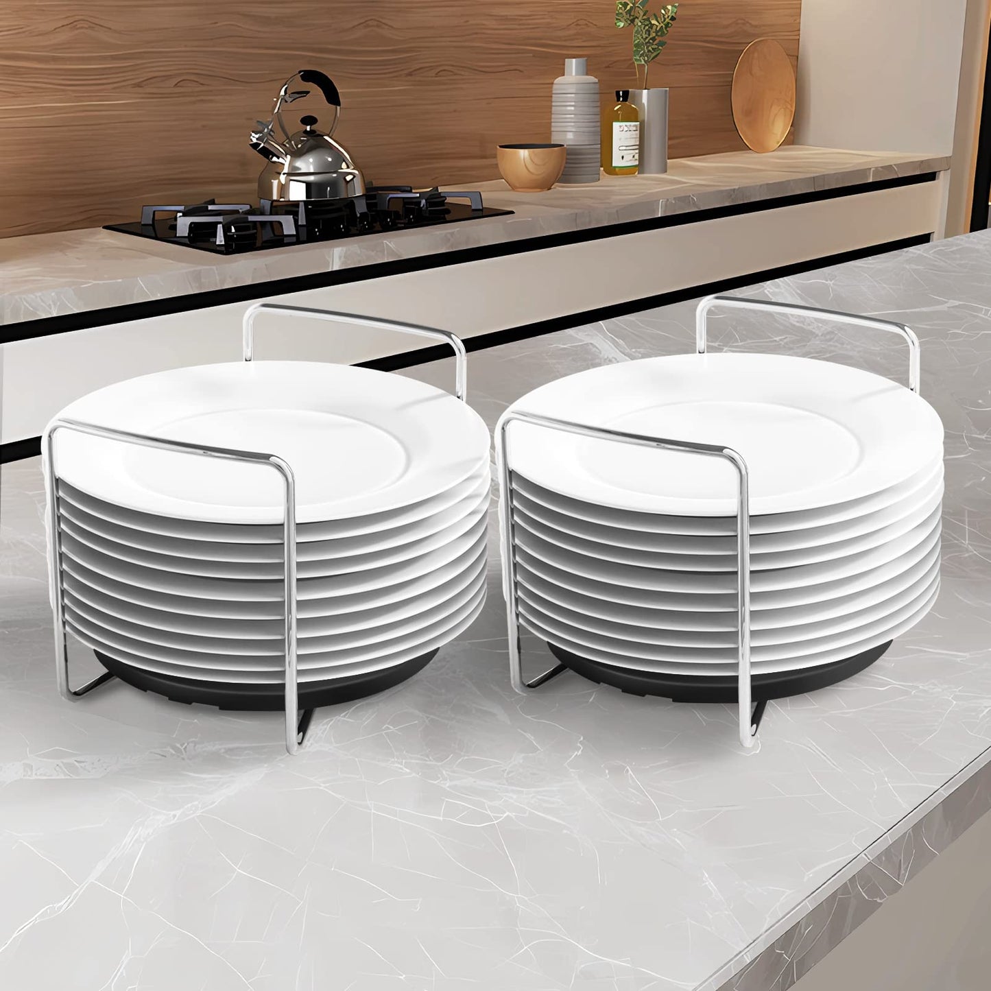 Plate Organizer for Kitchen Counter Bamboo Dish Racks for Cabinet Plate Holder for Kitchen Drawer Storage 2 Pack Adjustable for 6.75" to 8.5" Stainless Steel 304 Portable Handle BST220