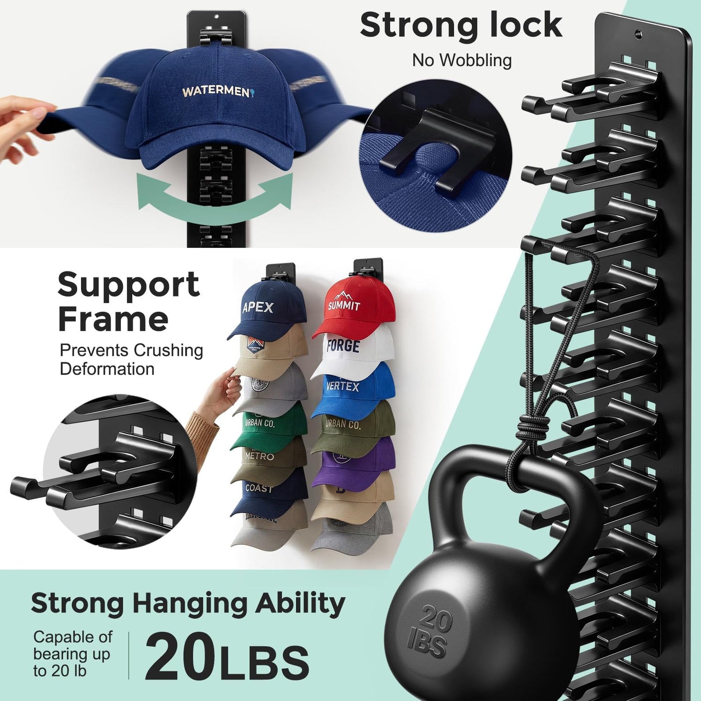 Hat Hook for Wall, 2 Pack Hat Organizer Hold up to 20 Hats,Hat Holder with Strong Adhesive and 8 Pack Screws, Cap Holder Hat Hangers for Wall Closet Door and Bedroom(B-Black) BST220