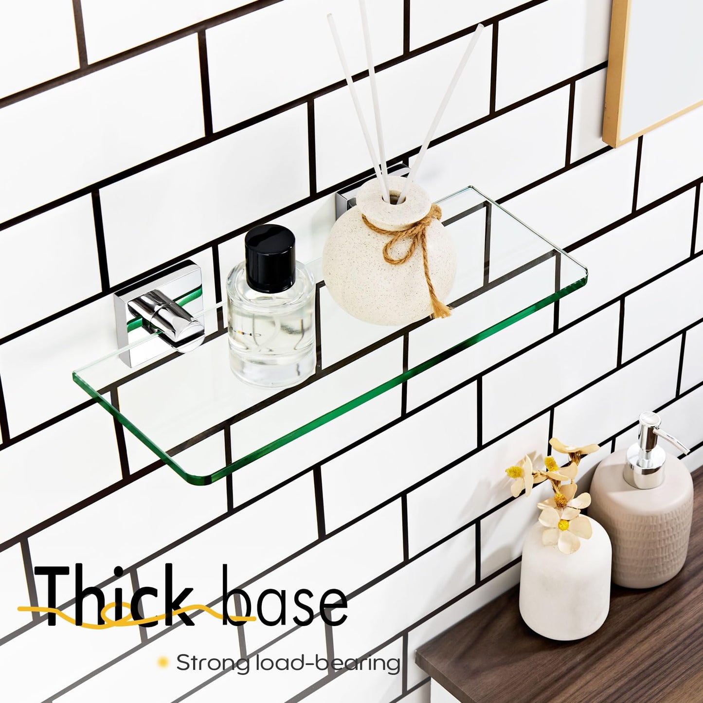 KOKOSIRI Glass Shelf for Bathrooms Floating Shelves Wall Mount 16-Inch for Shower Storage Kitchen Rack, 2 Pack Brushed Stainless Steel B1107BR-L16-P2 BST202