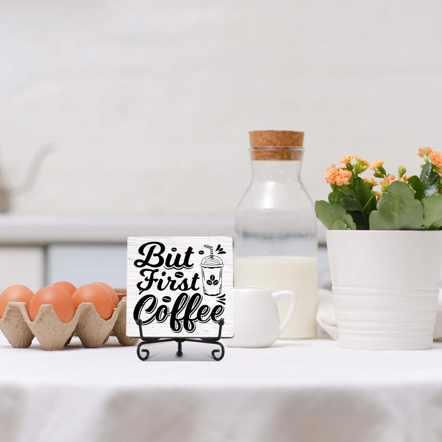 Coffee Bar Decor, Farmhouse Kitchen Table Decor, Coffee Station Accessories, Wooden Decorative Sign with Iron Stand for Table Desk Shelf Display-E21 BST220