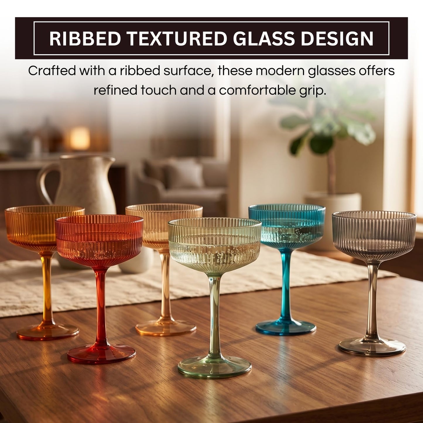 Khen Pink Peach Acrylic Ribbed Coupe Martini Champagne Cocktail Glasses, Set of 4, 8 oz Shatterproof Ripple Stemware European Style Reusable Drinkware Goblets, Indoor Outdoor Parties Weddings Bar Gift BST220
