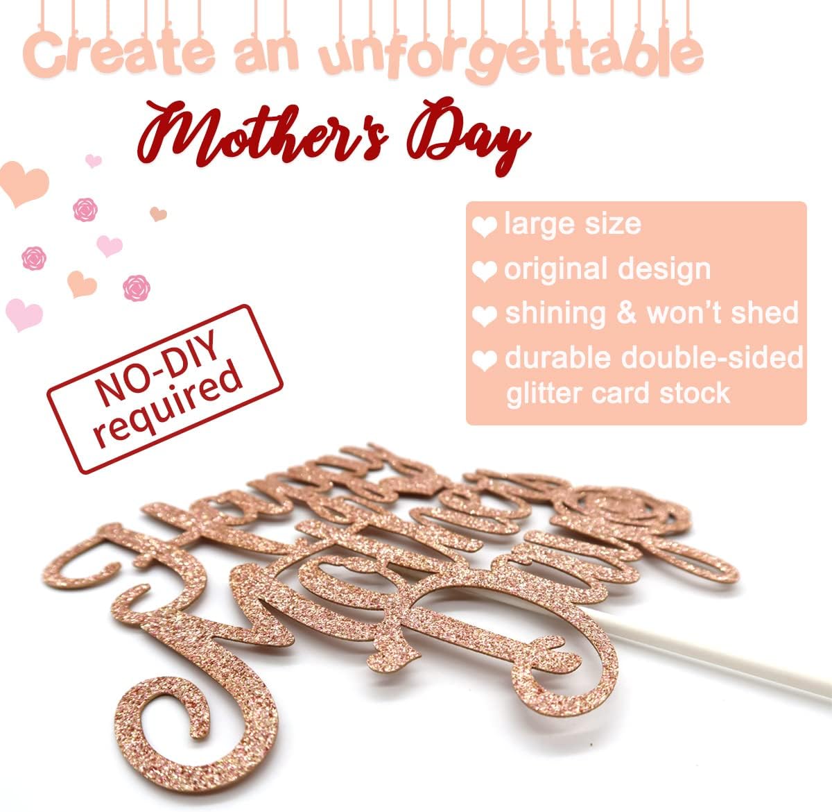 Happy Mother's Day Cake Topper - Rose Gold Glitter Cake Decorations I Love Mom Thanks Mom Home Celebrate Party Decor centerpiece Mothers Day Gift(DOUBLE-SIDED Paper) BST326L