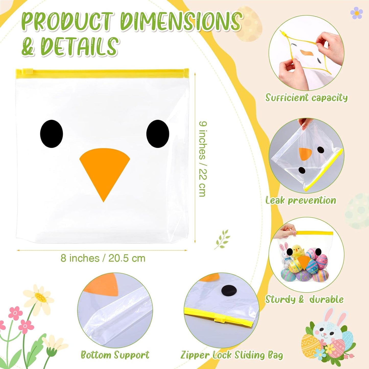 Frienda 50 Pcs Spring Food Storage Bags with Stand-up Bottom 9" x 8" Chick Gallon Leak Proof Reusable Freezer Bags Zipper Transparent Snack Supplies for Sandwich Snack Marinate Meats WN420