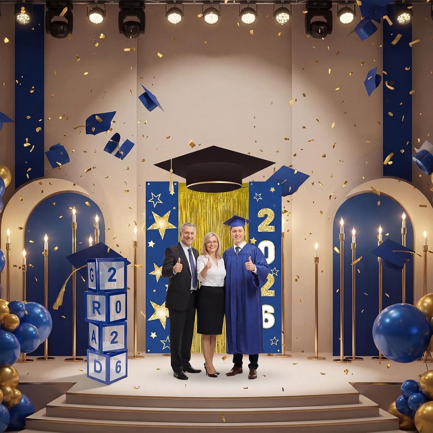 Frienda 9 Pcs 2026 Graduation Party Decoration Include Grad Box, Class of 2026 Graduation Door Porch Banner with Tinsel Curtain, Grad Photo Backdrop for College School Congrat Party Decoration(Blue) BST326H