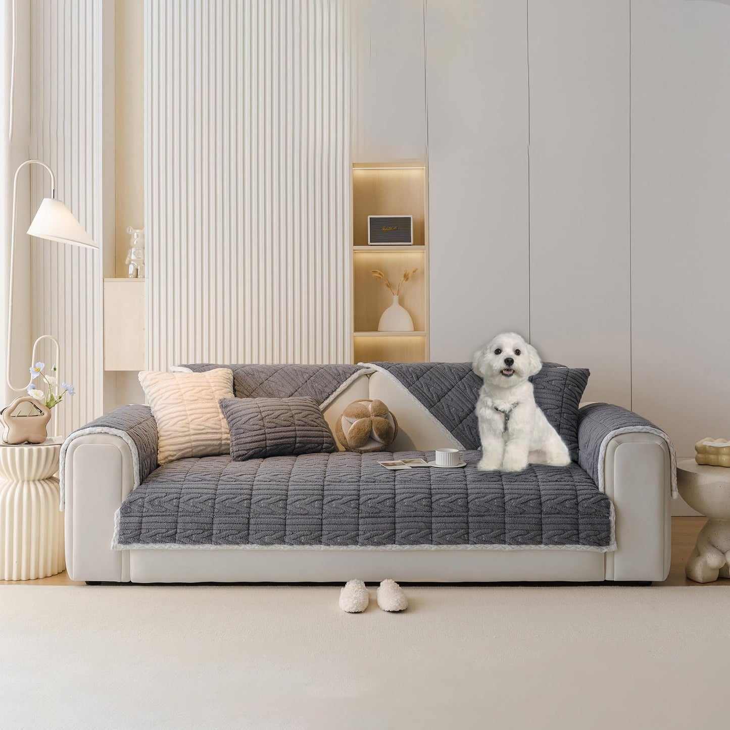 HANDONTIME Fuzzy Dog Couch Cover Washable, Pet-Friendly Sofa Covers Non-Slip Geometric Jacquard Pet Protector Furniture Cover for 3 Cushion Sofa Cozy Fuzzy Dog Mat for Couch (Grey, 35.4" x 70.9") BST202