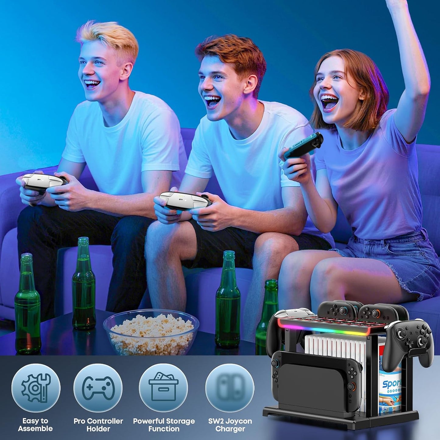 Switch 2 Dock Organizer Station with Joycon2 Charger, 4 Charging Dock for Switch2 Joycons, Storage for 16 Switch2 Games & 16 Game Cases, Pro Controllers & Switch 2 Console Dock Organizer Accessories WN420
