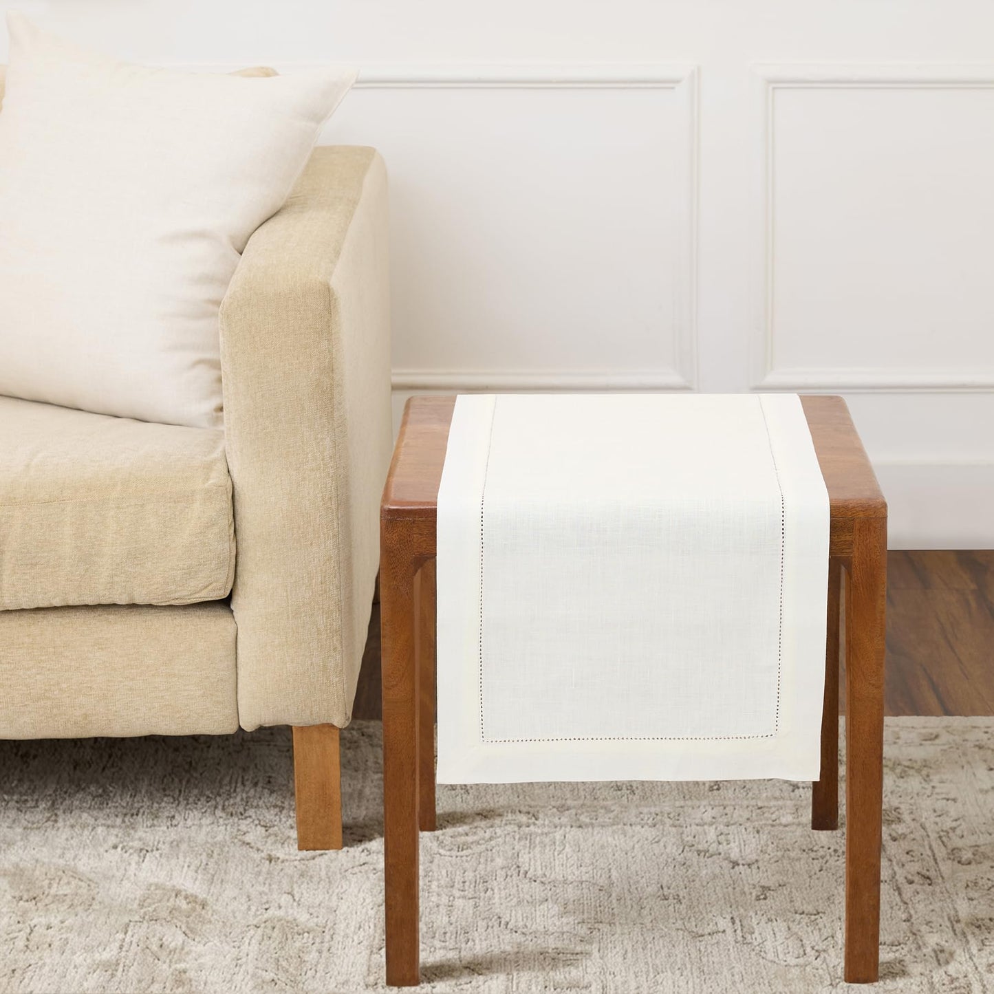 Solino Home 100% Pure Linen Table Runner Garden Green Hemstitch, 14 x 48 in | Classic Hemstitch Table Runners for dining, hallway and console table styling | hand hemstitched borders | OEKO-TEX Certified BST326SOLH
