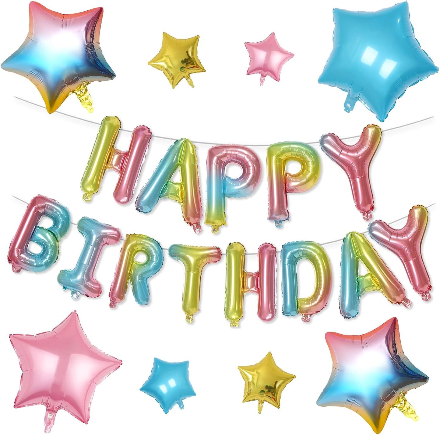 Happy Birthday Balloons Banner, Rainbow Happy Birthday Foil Balloons 16 Inch Foil Letter Balloon with 8 Pcs Gradient Blue Pink Star Balloon for Women Men Boys Girls Birthday Party Decoration WN420