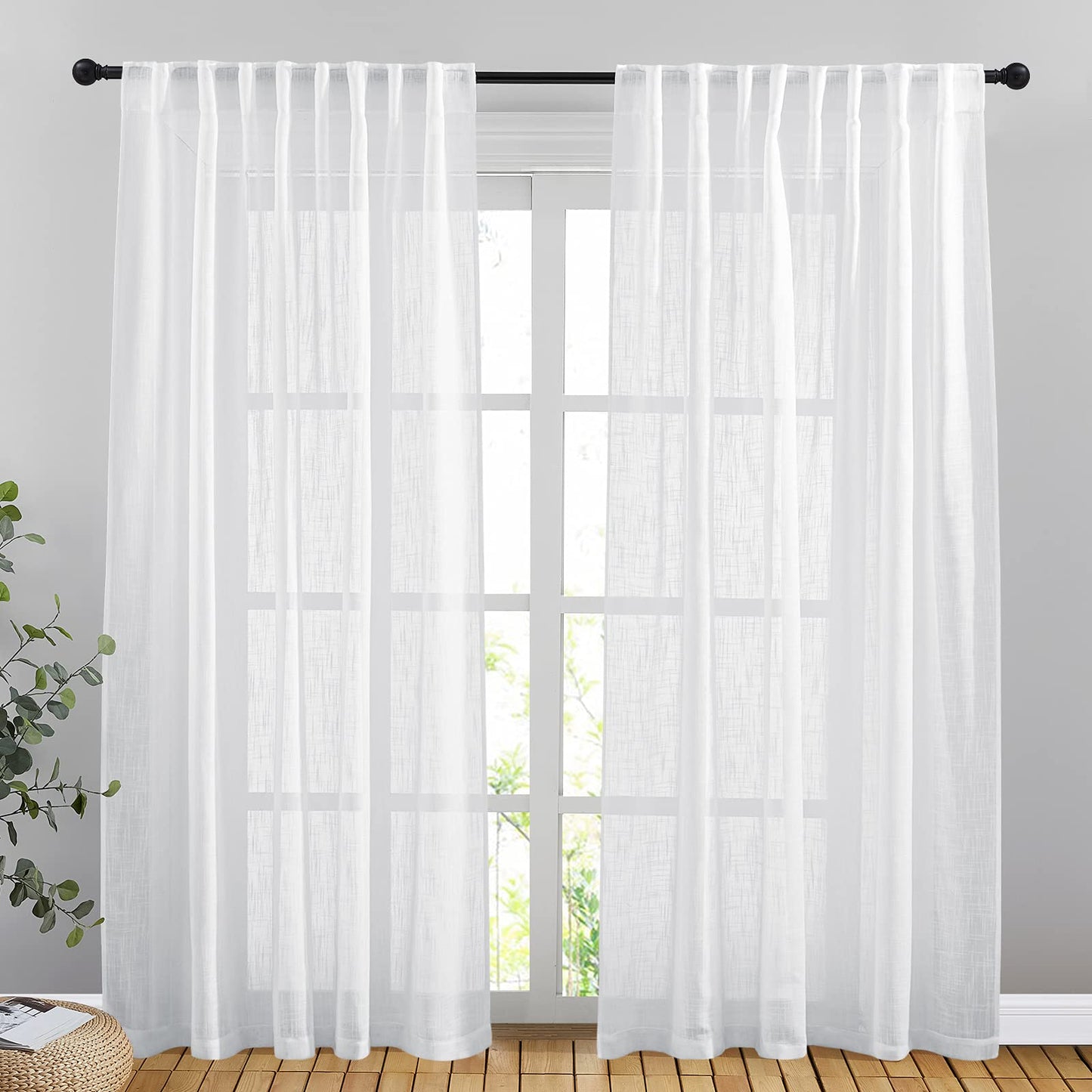 NICETOWN White Semi Sheer Kitchen Curtains 30 inch Length, Rod Pocket & Back Tab Faux Linen Blend Privacy with Light Filtering Window Drapes for Cafe, W34 x L30, 2 Panels BST220