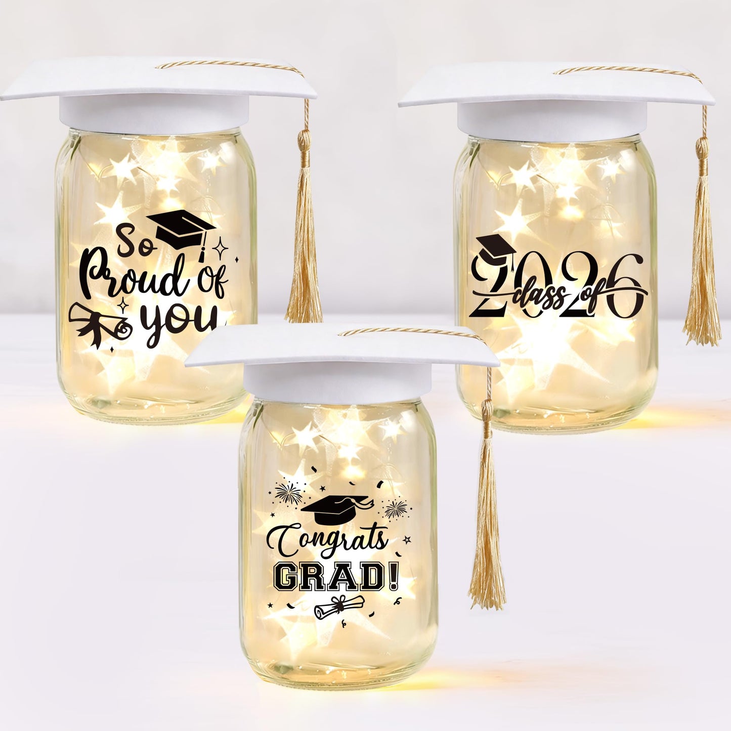 3 Sets 2026 Graduation Centerpieces for Tables, Glowing Mason Jar Centerpieces with Graduation Caps, Glowing Money Jars for College High School Congrats Grad Party Decor Supplies WN420
