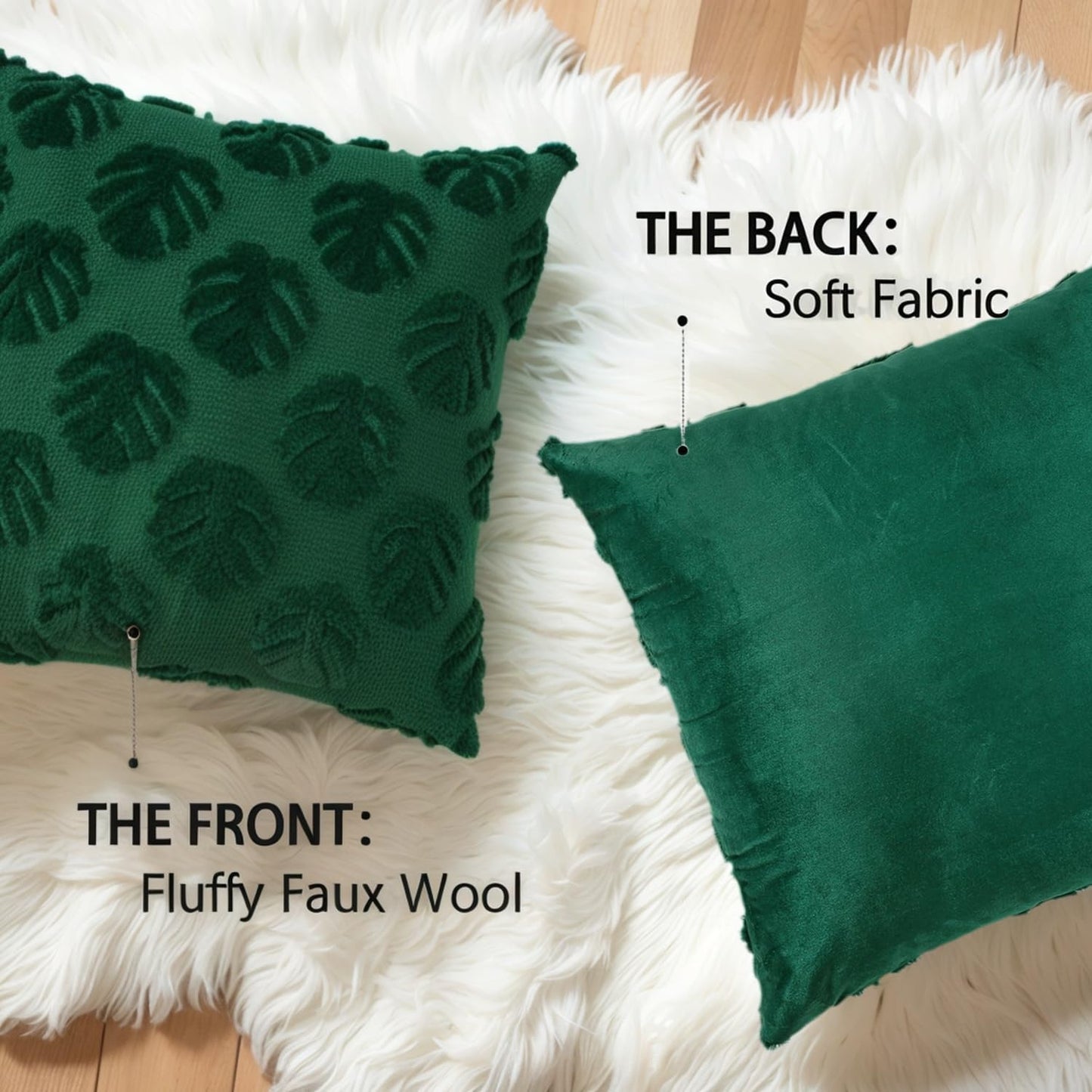 Palm Leaves Decorative Throw Pillow Covers 18"x18", Set of 2 Green Tropical Leaf Soft Faux Fur Pillow Covers, Fluffy Plush Pillow Cases for Farmhouse Couch Cushion Covers BST326H