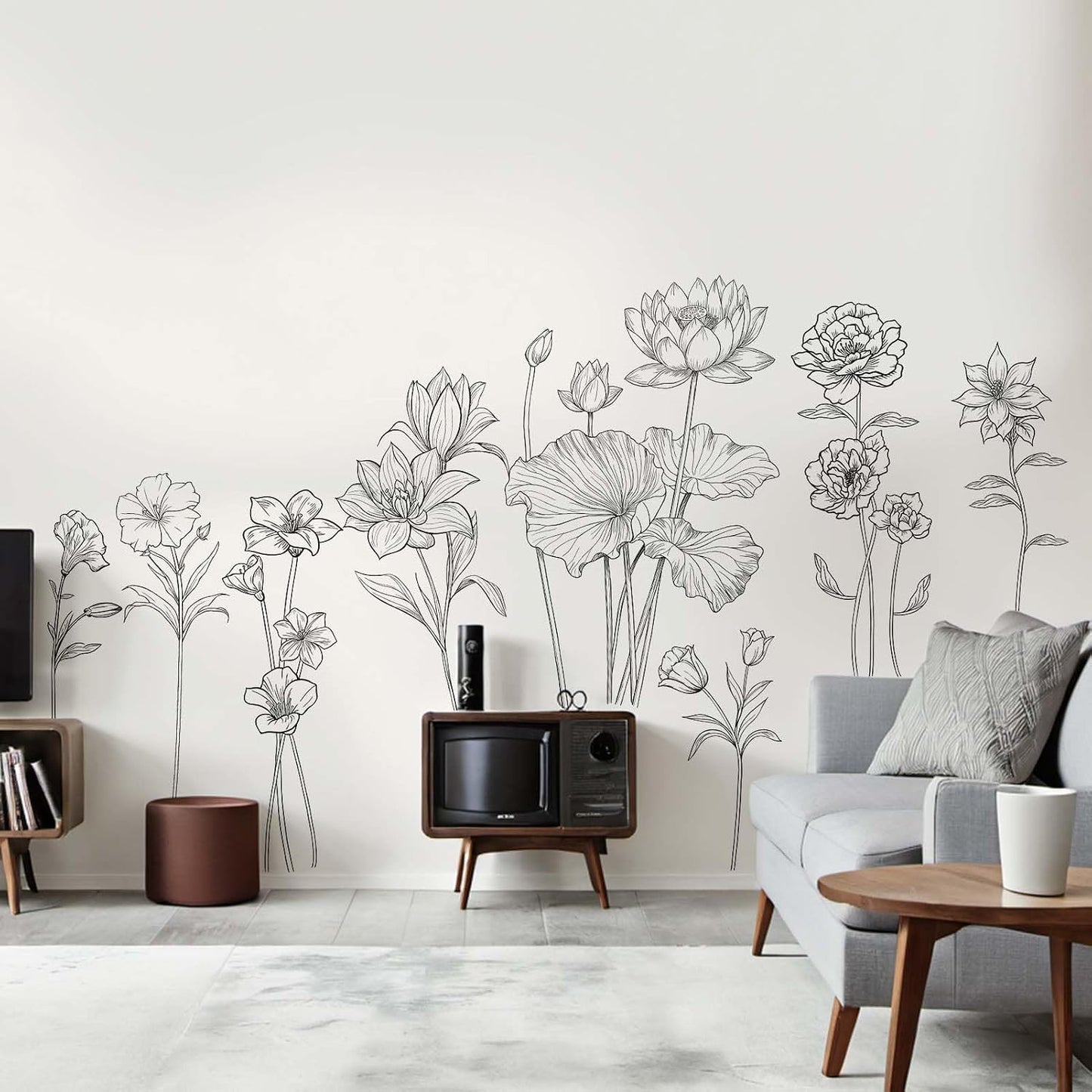 Black Flower Wall Stickers for Girls: Peel and Stick Wildflower Sunflower Rose Lotus Floral Garden Wall Decals - Bedroom Office Living Room Home Art Wall Decor BST220