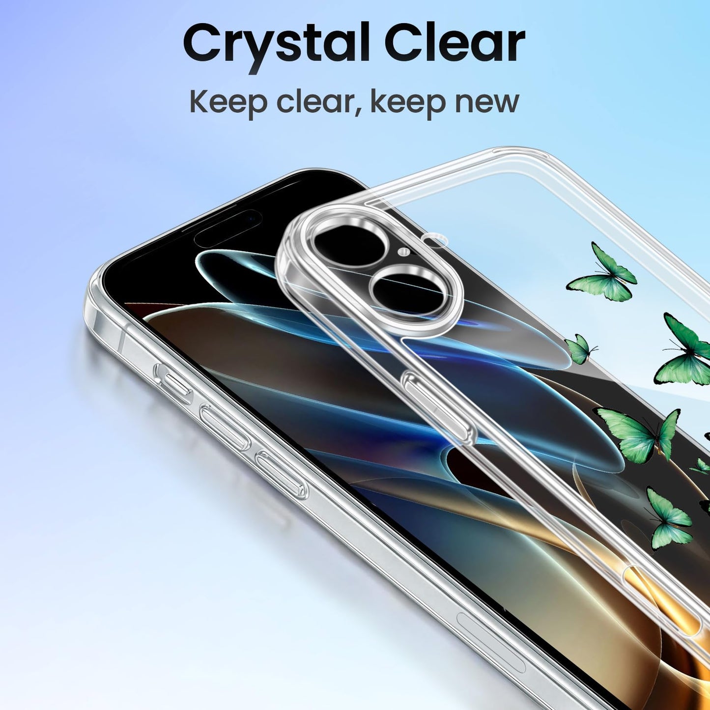 Cute Girly Crystal Clear Case Compatible with iPhone 16 Pro, Camera Control & Shockproof Protection Floral Case for Women, Blue Butterflies WN420