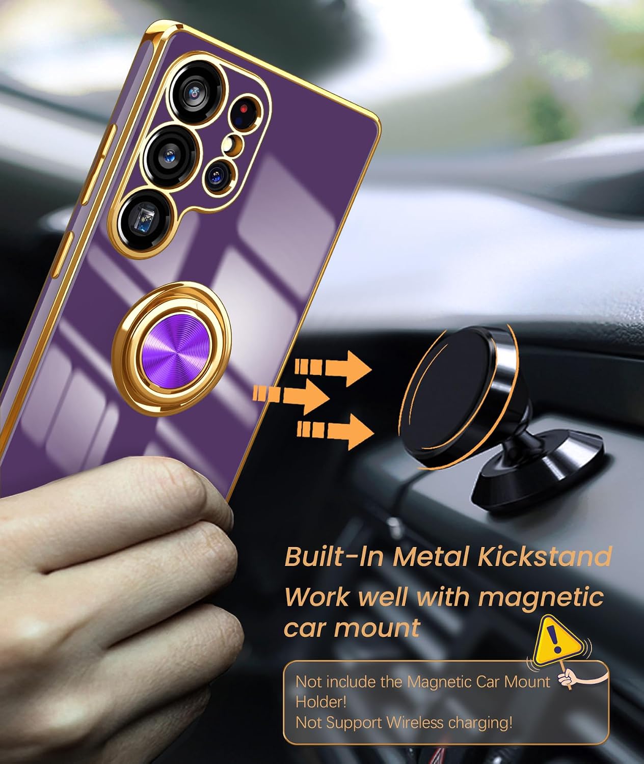 Dretal for Samsung Galaxy S25 Ultra 5G Case, 2X Screen Protector, 360°Rotatable Ring Holder Magnetic Kickstand,Plated Gold Edge Slim Soft TPU Protective Phone Cover for Galaxy S25 Ultra (Deep Purple) WN420