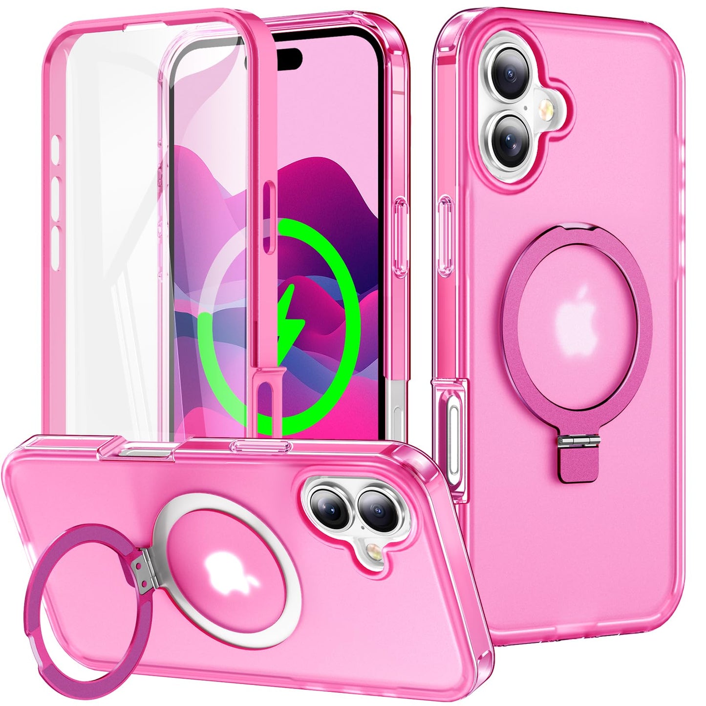 for iPhone 13 Pro Full Body Shockproof Case with Magnetic Invisible Stand [Compatible with MagSafe] Built-in Screen Protector Military Drop ProtectionTranslucent Phone Cover -Hot Pink WN420