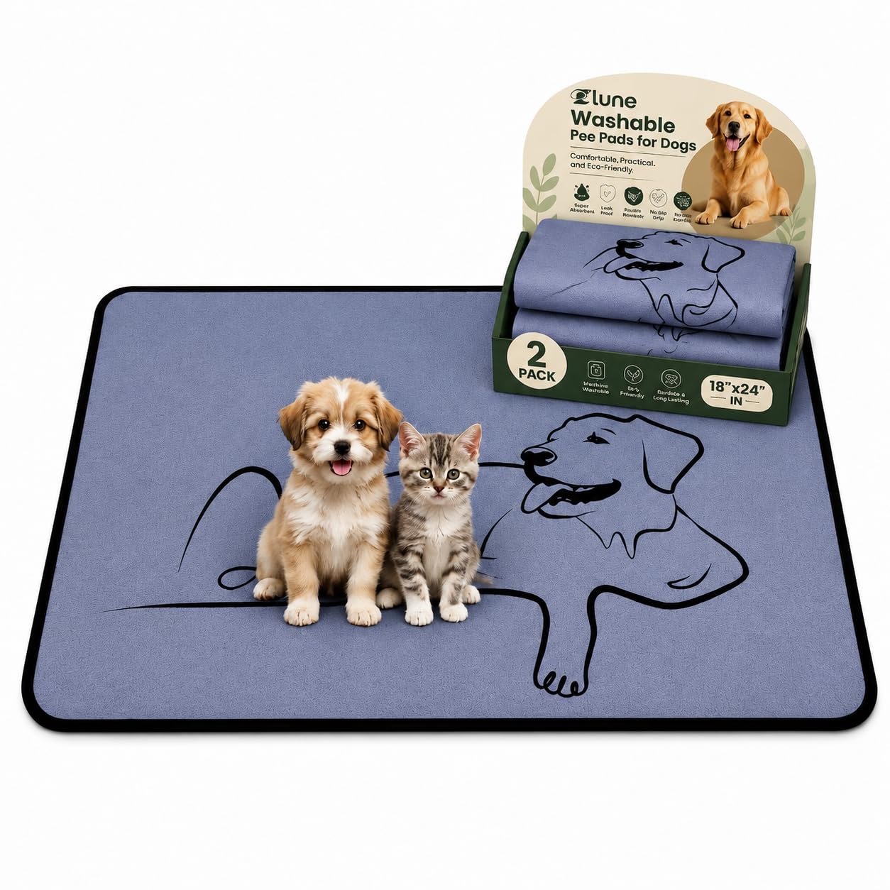 2 Pack Washable Pee Pads for Dogs 24"x24", Reusable Training Puppypads Absorbency Non-Slip & Leak-Proof for Pet Whelping Box Playpen Crate Sofa Bed Floors (Gray)