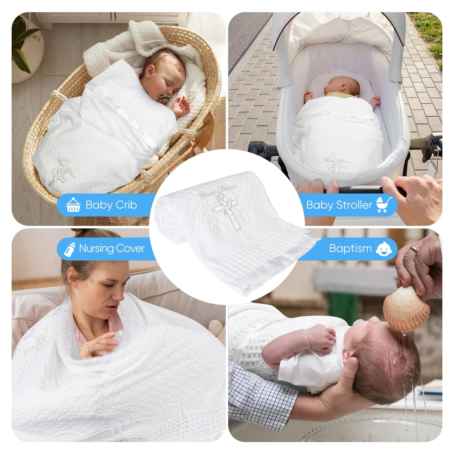Baby Blanket White Baptism Gifts for Girl Boys First Communion Christening Christian Gifts for Kids White Soft Crochet Knitted Towel BST326H