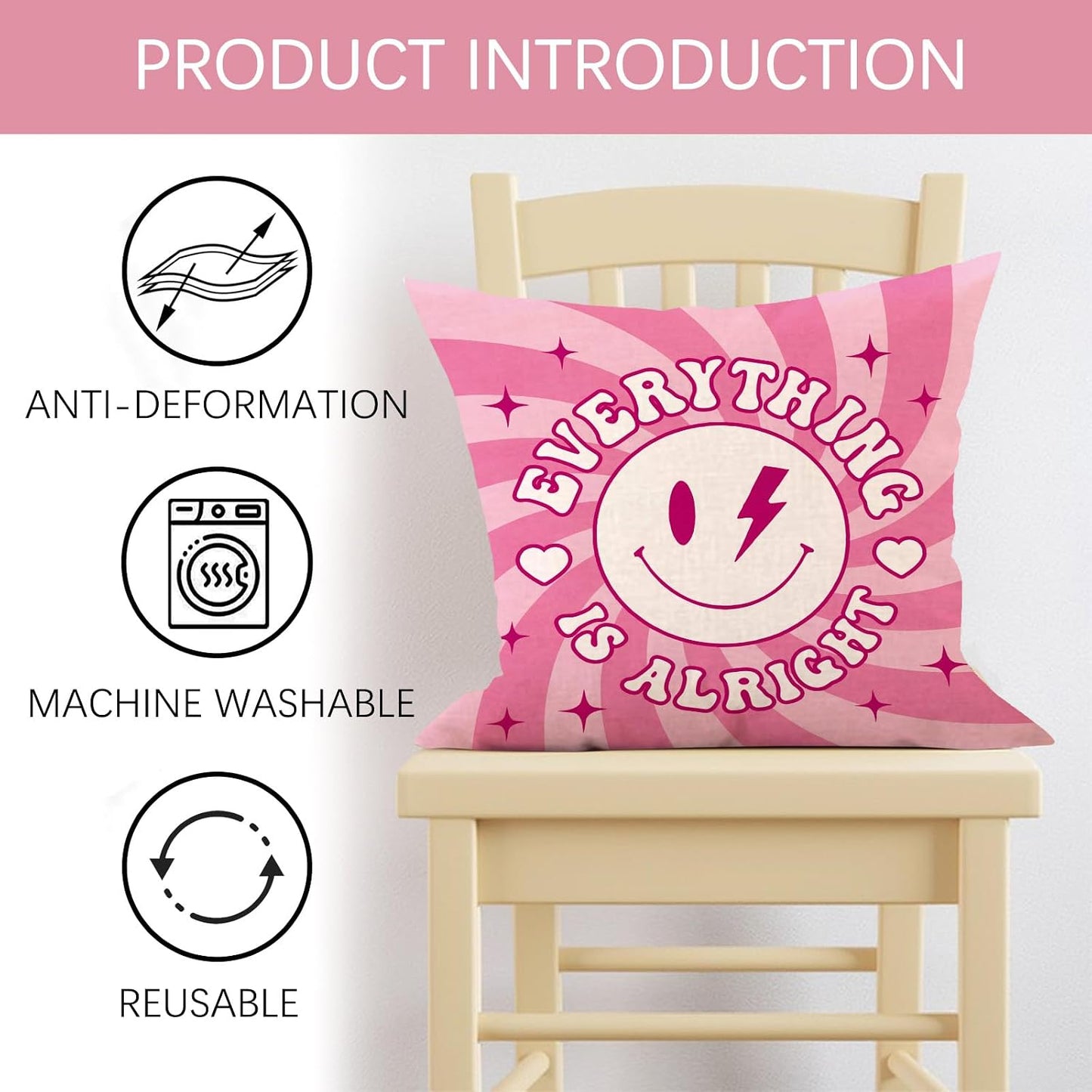 Groovy Smiling Face Inspirational Decorative Throw Pillow Covers | 20 x 20 Set of 4, Pink Hippie Smile Flower Porch Outdoor Home Decor, Motivational Quote Everything is Alright Couch Cushion BST202
