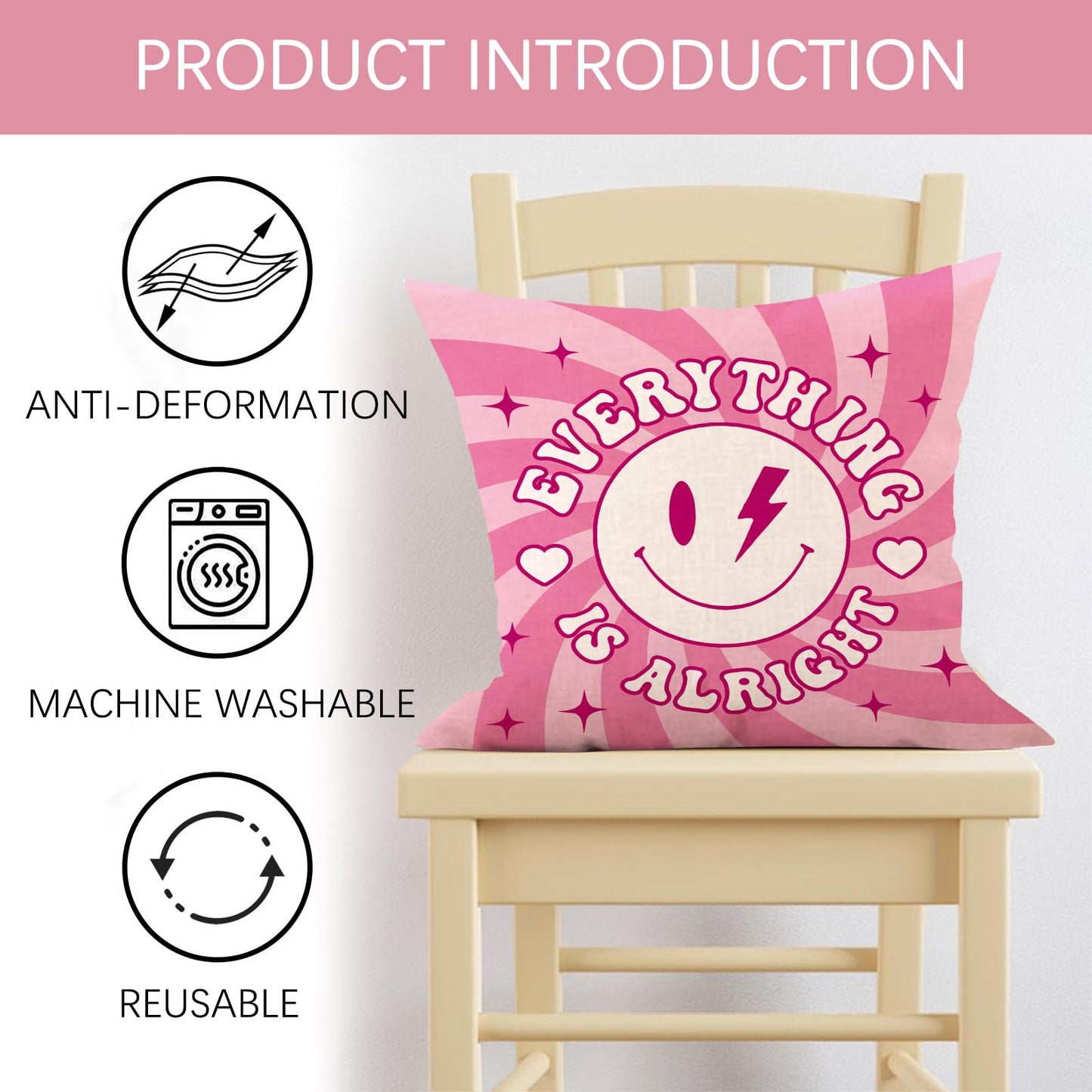 Groovy Smiling Face Inspirational Decorative Throw Pillow Covers | 20 x 20 Set of 4, Pink Hippie Smile Flower Porch Outdoor Home Decor, Motivational Quote Everything is Alright Couch Cushion BST202