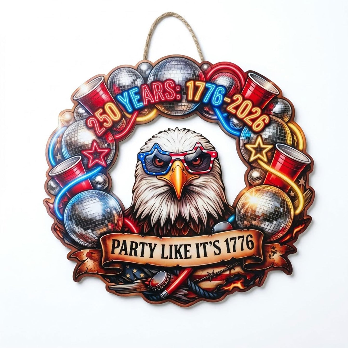 USA 250th Anniversary Wooden Door Sign, 1776-2026 Commemorative Bald Eagle Patriotic Wall Hanging Decor, Cheers to Freedom Party Wreath for July 4th Home Porch Decor (250year-1) BST202