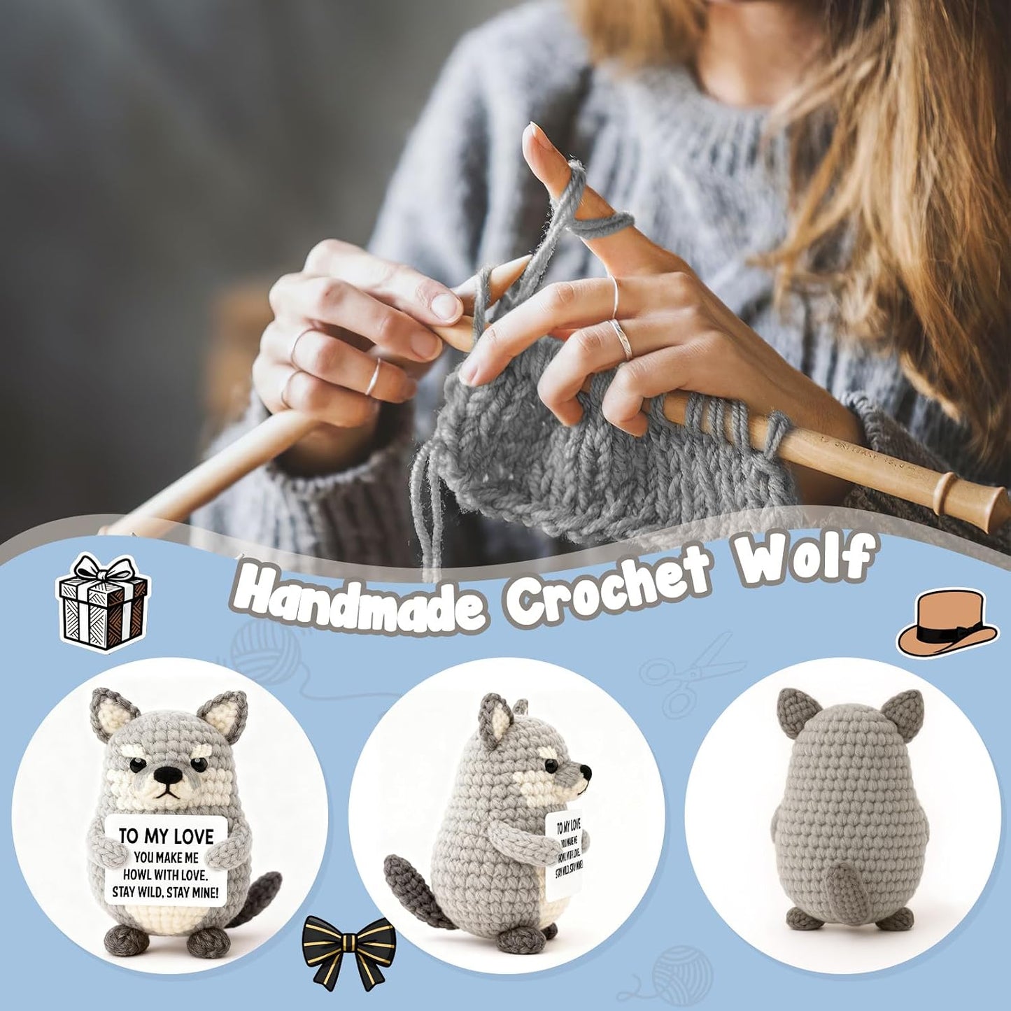Gifts for Him Boyfriend Husband, Birthday for Men Wife Women Her, Handmade Crochet Gray Wolf Plush, Romantic Birthday Keepsake for Men Couples Wedding Anniversary WN420