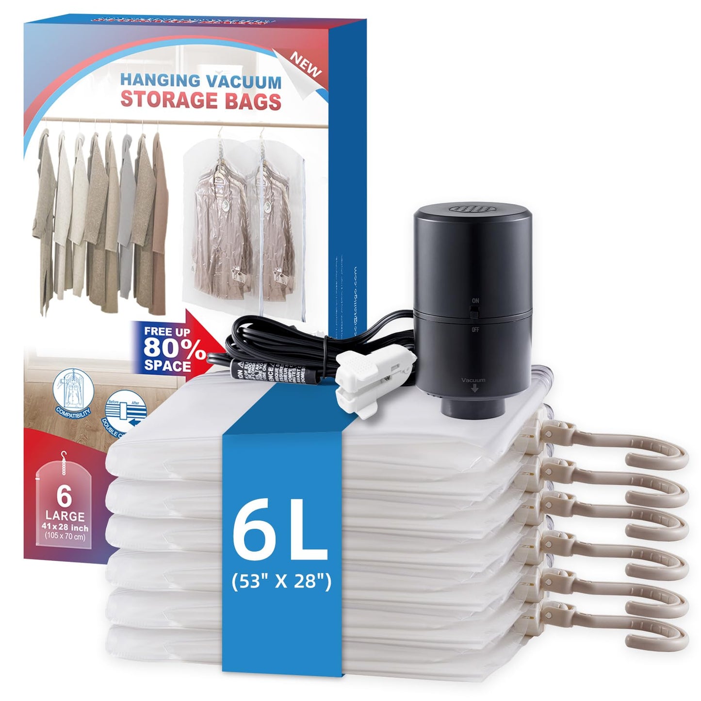 Hanging Vacuum Storage Bags, 6 Pack Hanging Storage Bags for Clothes With Electric Pump N27