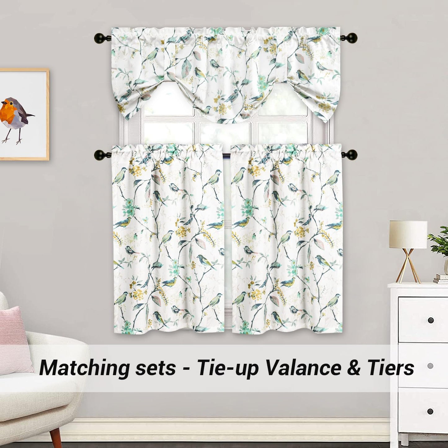 Leeva Tie Up Valance for Windows, Elegant Birds Pattern Light Filtering Window Treatment Valances for Bedroom Kitchen, One Panel, 52 x 18, Light Blue BST220