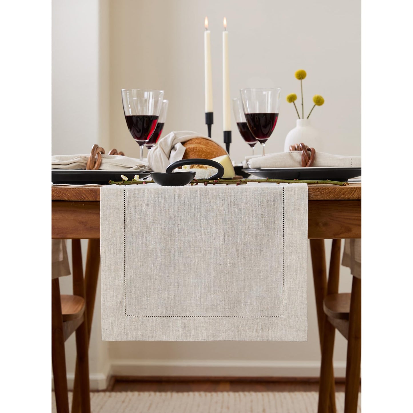 Solino Home 100% Pure Linen Table Runner Garden Green Hemstitch, 14 x 48 in | Classic Hemstitch Table Runners for dining, hallway and console table styling | hand hemstitched borders | OEKO-TEX Certified BST326SOLH