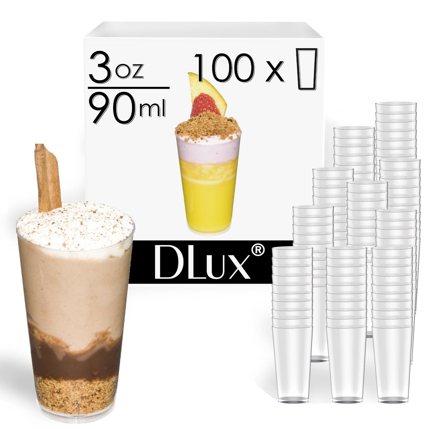 DLux 100 x 3 oz Mini Dessert Cups with Spoons, Shooter - Clear Plastic Parfait Appetizer Cup - Small Reusable Shooter Glass for Tasting Party Shooters Desserts Appetizers - With Recipe Ebook BST220