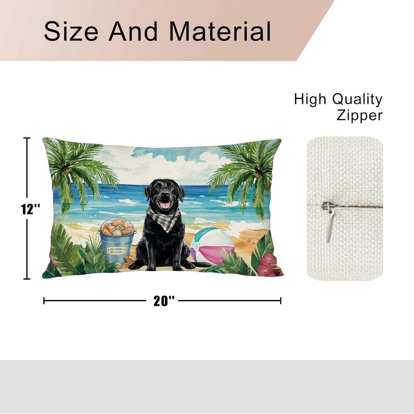Summer Black Labrador Dog Lumbar Throw Pillow Cover 12x20 Inch Beach Coastal Cushion Case Decoration for Sofa Couch BST202