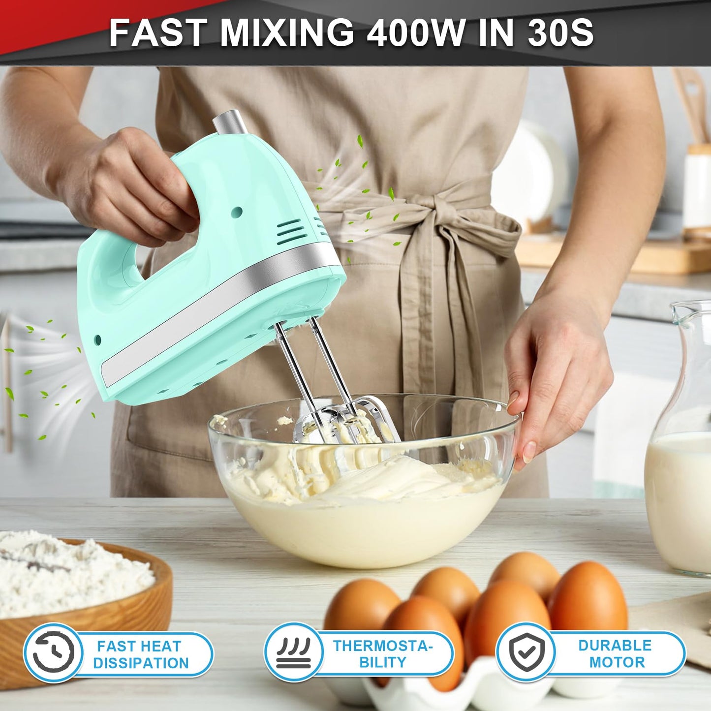 Lord Eagle Hand Mixer Electric Handheld 400W, 5-Speed Lightweight Kitchen Mixer with Storage Case, 5 Stainless Steel Attachments for Baking Cake Egg Cream Food Beater, Turbo+Eject Button, Pink