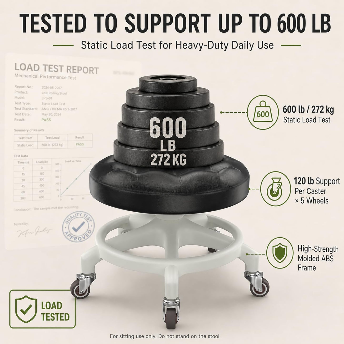 Low Rolling Stool with Smooth & Quiet Bearing Rubber Wheels, Heavy Duty 600 lb Capacity Mechanics Rolling Seat for Garage, Salon, Cleaning & Auto Repair, Black Seat with Black Frame WN420