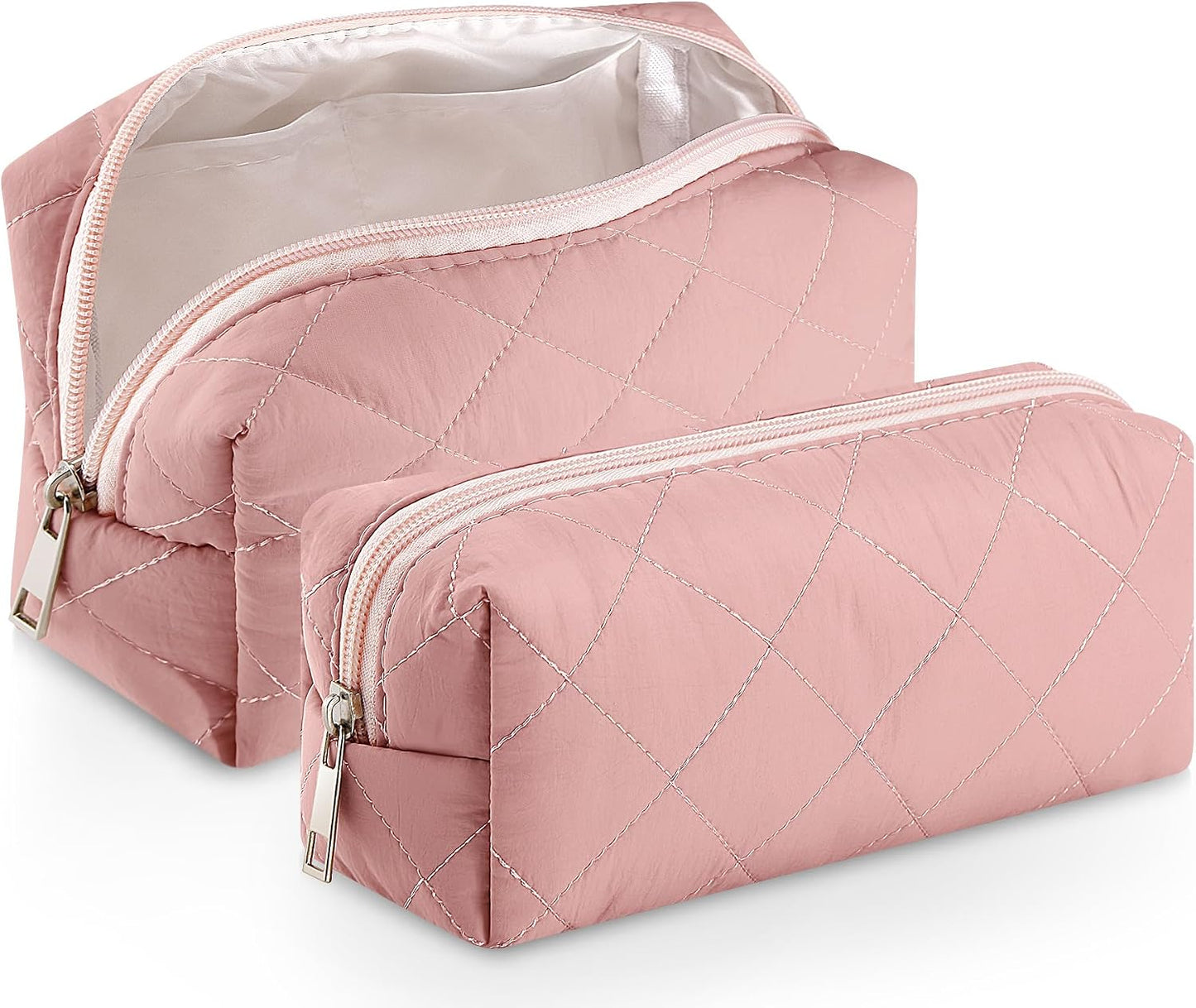2 Pcs Puffy Makeup Bag Quilted Cosmetic Pouch for Women Cute Puffer Makeup Organizer Compact Toiletry Bags Preppy Pencil Case with Zipper Winter Gift for Women Girlfriend(Pink) WN420