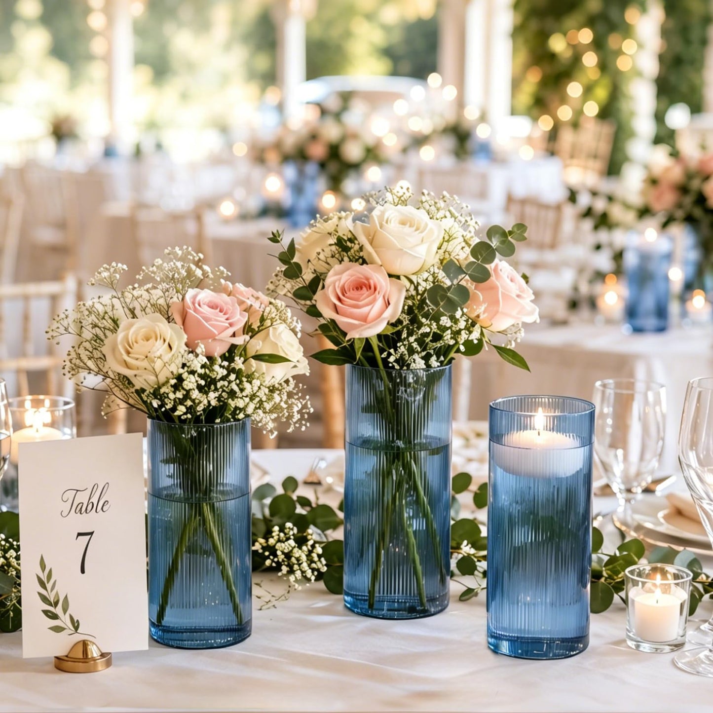 Glass Ribbed Cylinder Vases, 8 Inch Tall, Clear, Pack of 3 | Flower Vases in Bulk, Hurricane Floating Candle Vases, For Party Home Decor BST326H