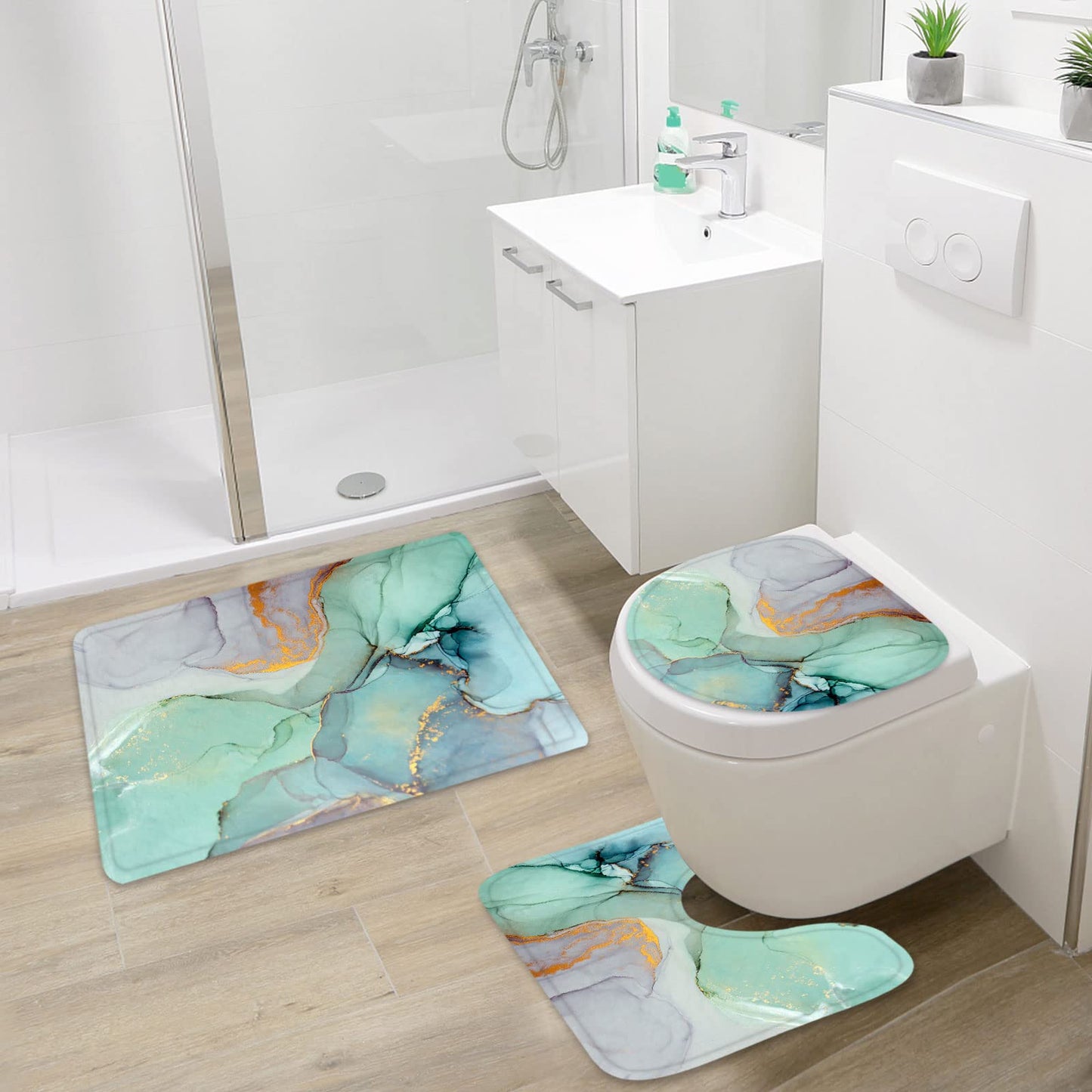 Gibelle 4 Pcs Bathroom Shower Curtain Set with Non-Slip Rugs, Toilet Lid Cover and Bath Mat, Grey Blue Marble Bathroom Decor Set with Shower Curtain and Rugs and Accessories BST326H
