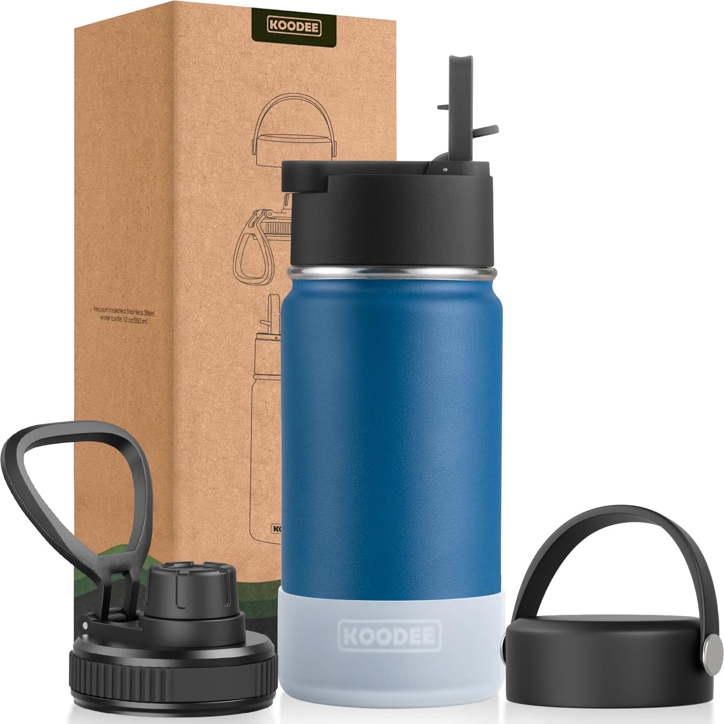 koodee Water Bottle-12 oz Stainless Steel Double Wall Vacuum Insulated Water Bottle for School-Wide Mouth Flask with Straw Lid (Teal) BST220