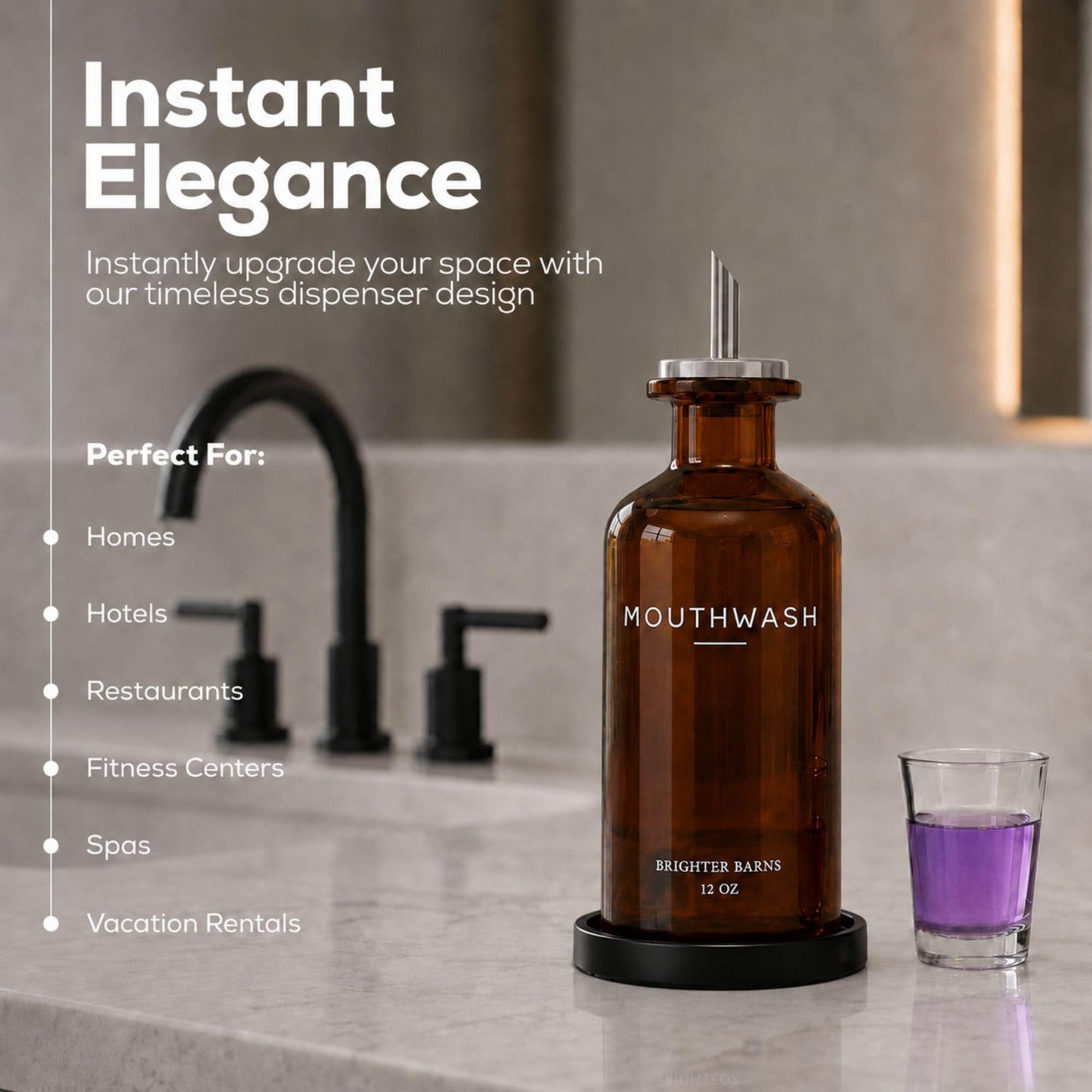 Glass Mouthwash Dispenser for Bathroom by Brighter Barns - Refillable Mouthwash Container with Glass Cup and Tray - Mouth Wash Dispensers for Bathroom Sink, Home Decor, Airbnb, Office, Hotel (Clear) BST326H