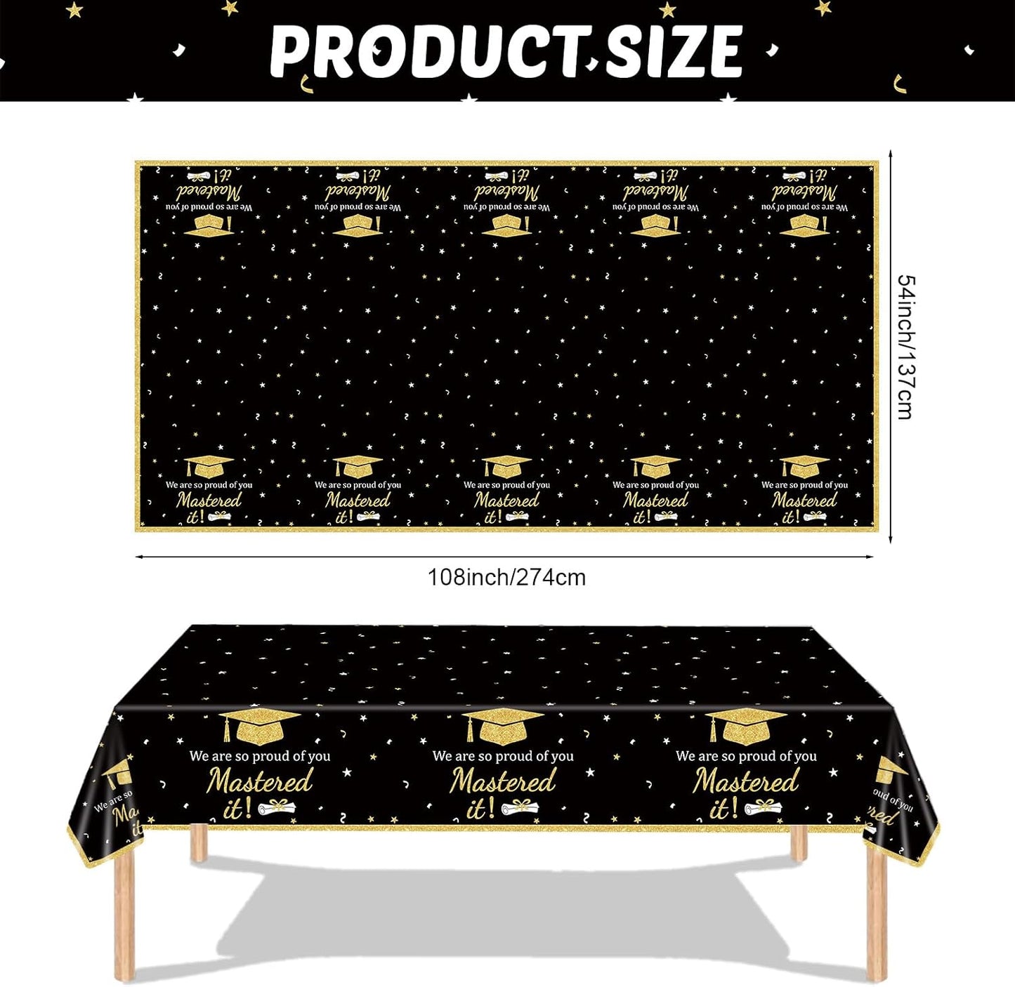 3PCS Mastered It Graduation Tablecloth Black Gold Congrats Grad Table Cover Plastic Master's Graduation Party Supplies for Class of 2026 Master College Disposable Decorations WN420