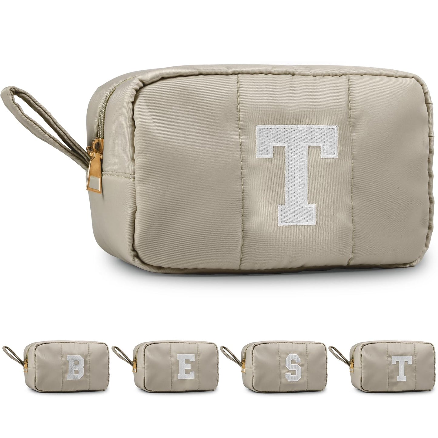 Puffy Makeup Bag for Women,Initial Cosmetic Bag,Cute Travel Toiletry Bag,Puffer Make Up Organizer Bags with Compartments,Personalized Gifts for Girlfriend Bridesmaid Teacher Graduation (Khaki gray, E) BST202