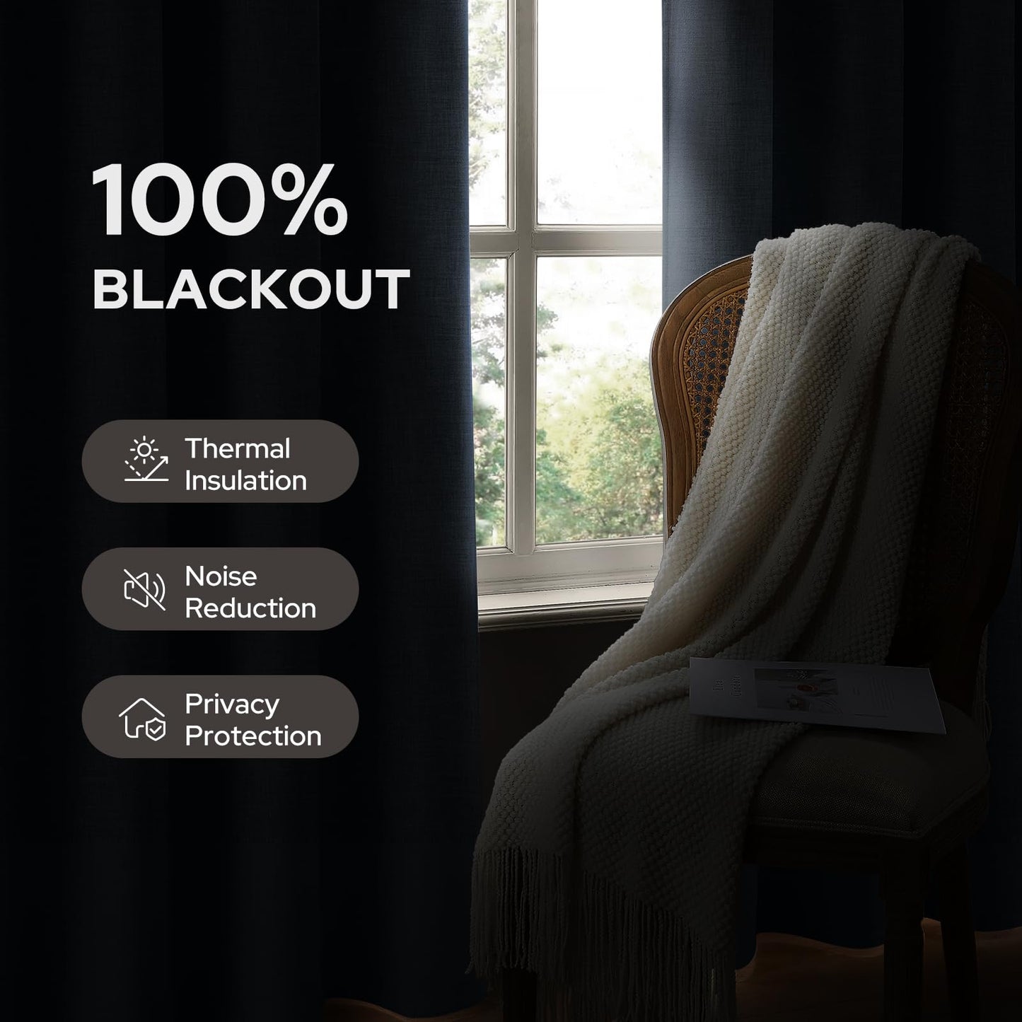 HOMEIDEAS 100% Ivory Cream Linen Blackout Curtains for Bedroom, 52 x 96 Inch Length 2 Panels Faux Linen Thermal Insulated Black Out Grommet Window Drapes for Living Room BST202
