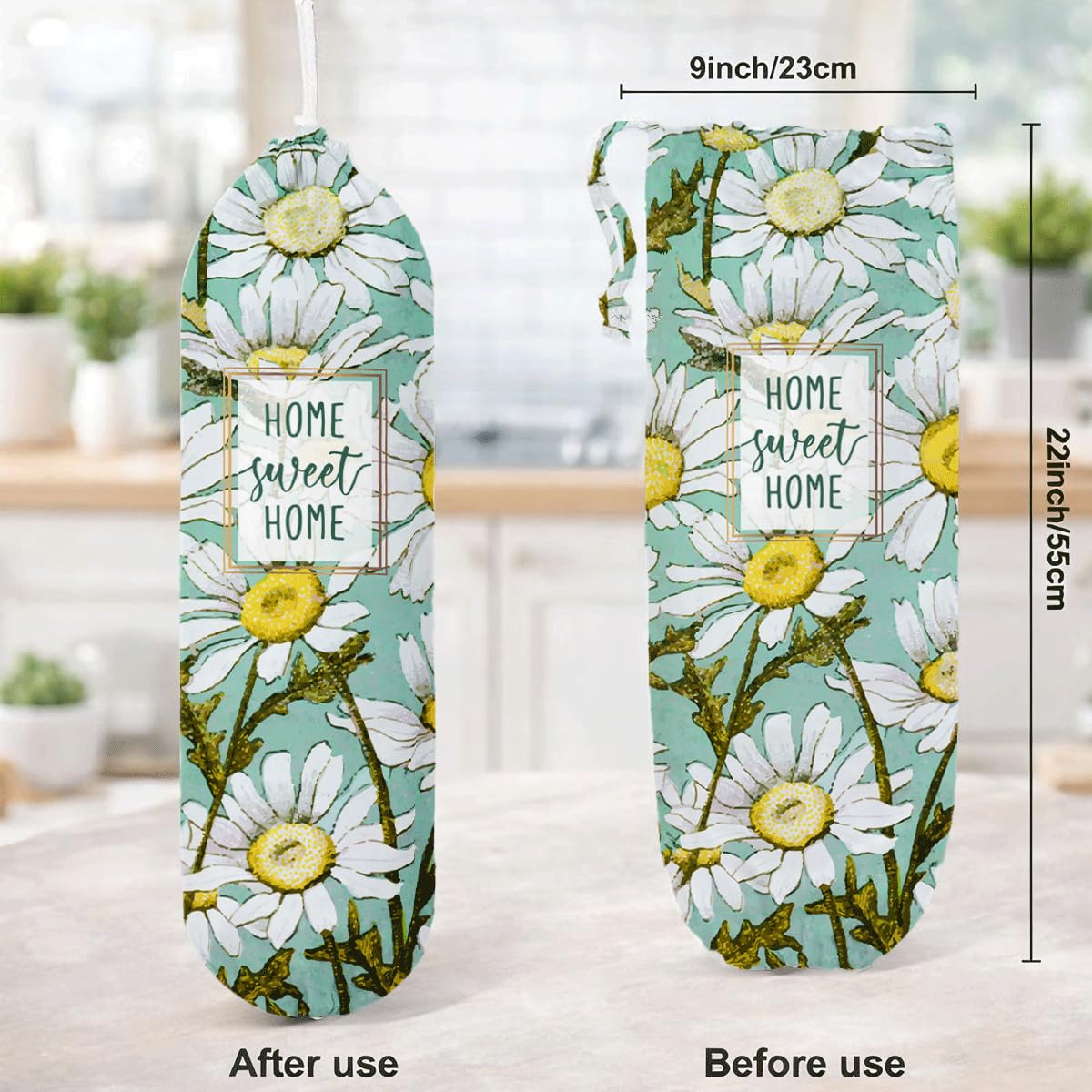Daisy Plastic Bag Holder, Home Sweet Home Plastic Bag Holder, Bags Holders for Plastics Bags Groceries Store, Floral Reusable Grocery Sack Storage Dispenser for Kitchen Decor BST202