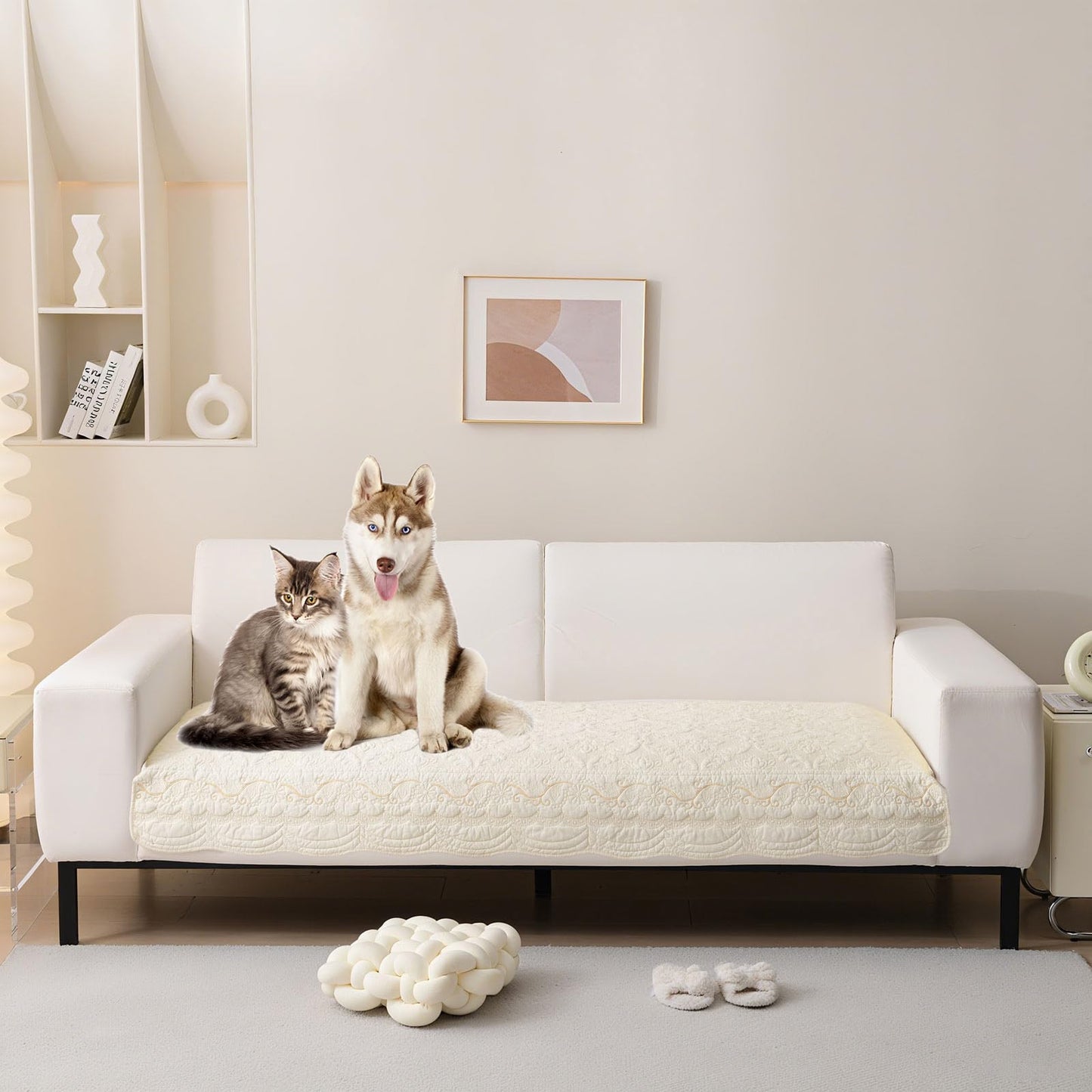 HANDONTIME Fuzzy Dog Couch Cover Washable, Pet-Friendly Sofa Covers Non-Slip Geometric Jacquard Pet Protector Furniture Cover for 3 Cushion Sofa Cozy Fuzzy Dog Mat for Couch (Grey, 35.4" x 70.9") BST202