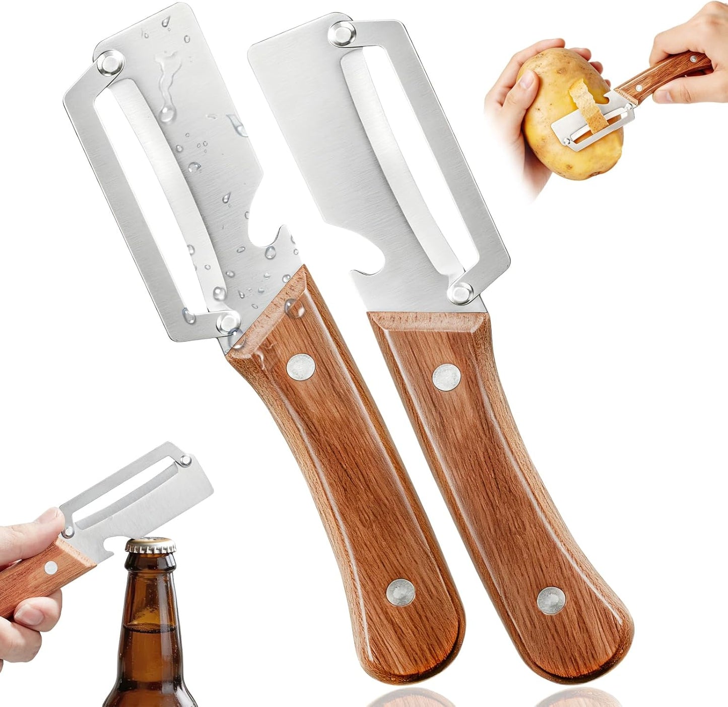 Left & Right Hand Vegetable Peeler Set with Bottle Opener, Thickened Stainless Steel Wide Blade for Smooth Peeling, Wooden Handle Kitchen Peeler for Fruits & Vegetables BST326L