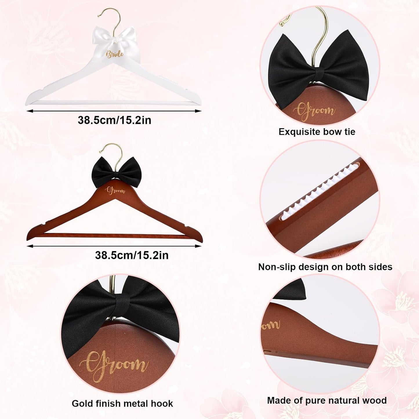 2pcs Bride and Groom Wedding Hangers, Wooden Elegant Bridal Dress Hanger with Bow & Bow Tie Wedding Dress Accessory for Bridal Party & Shower Supplies BST326H