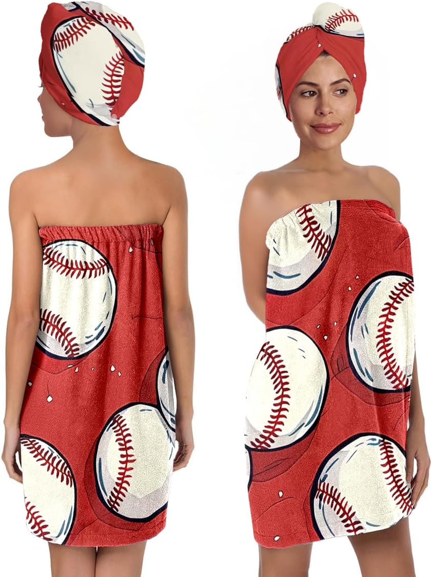 Baseball Pattern Microfiber Bath Wrap Set with Hair Turban, Red and White, Soft Absorbent Spa Towel Wrap for Women, 31.5x59 Inches BST202