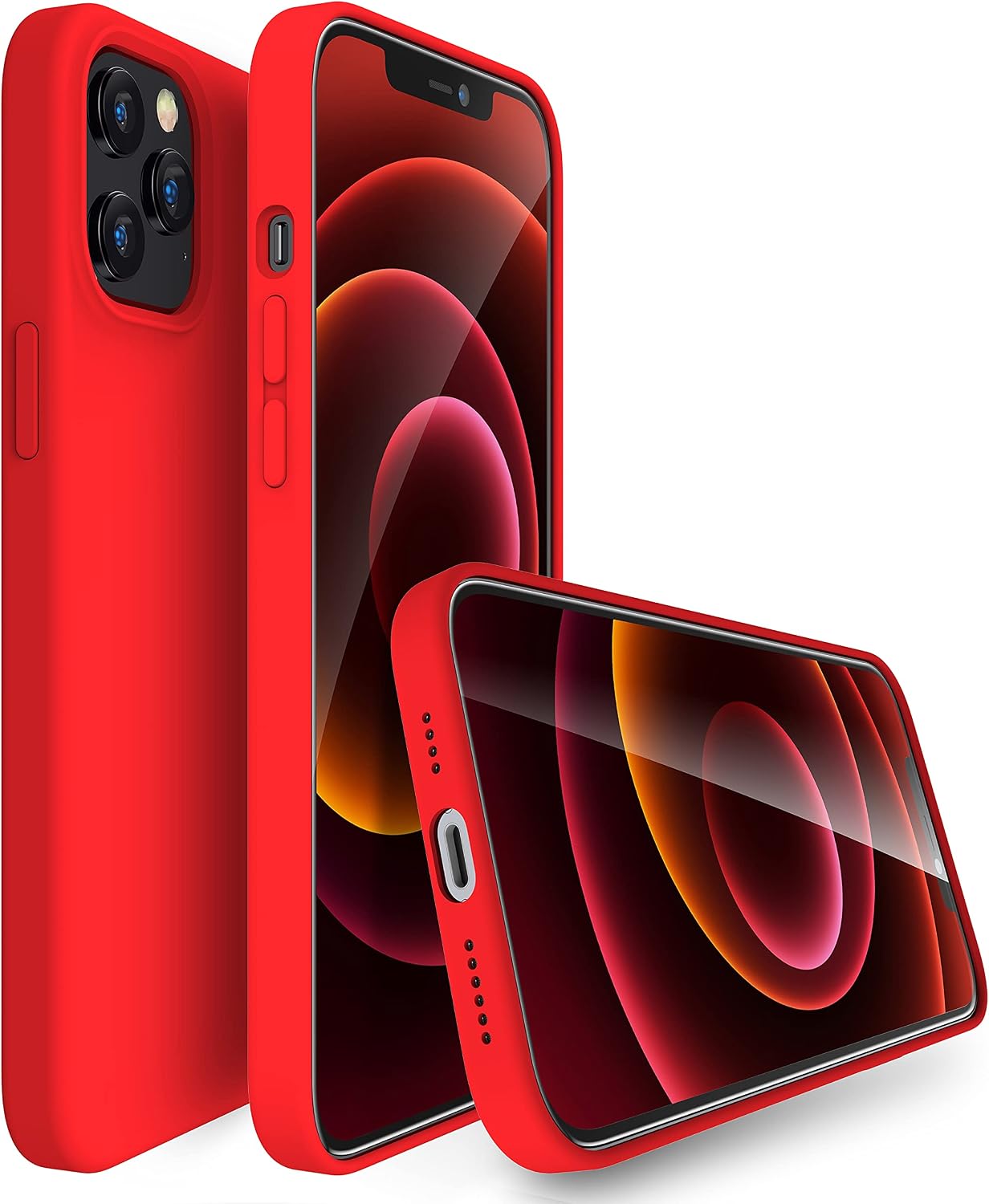 MXX Silicone Case for iPhone 13 Pro Max, W/Screen & Camera Lens Protector, Phone Cover Soft Anti-Scratch Microfiber Lining, Liquid Gel Finish Coating Full-Body Protective 6.7" (Red) WN420